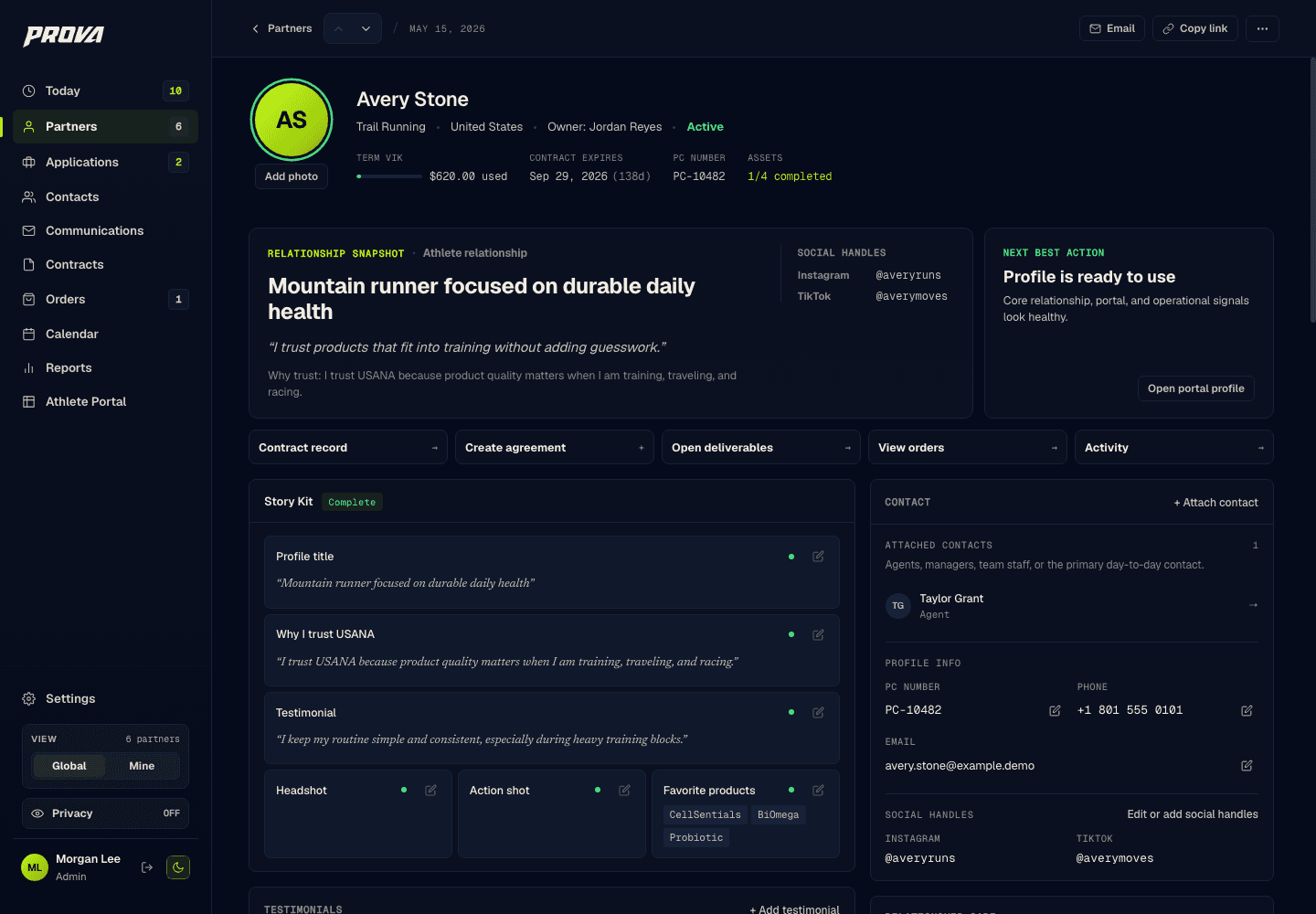 Prova partner profile view with rights, history, and assets