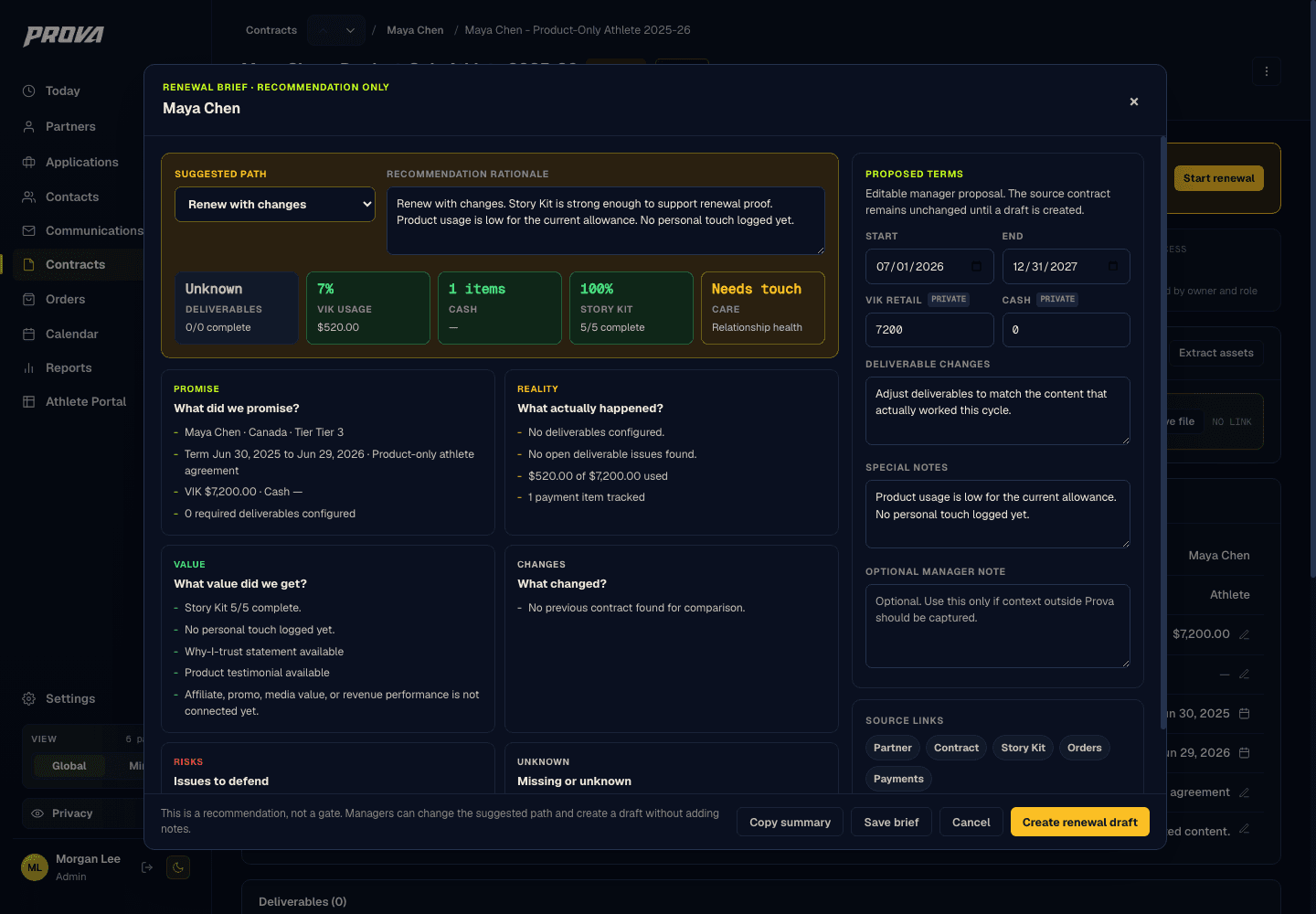 Prova renewal brief view with deal terms, history, and recommendation